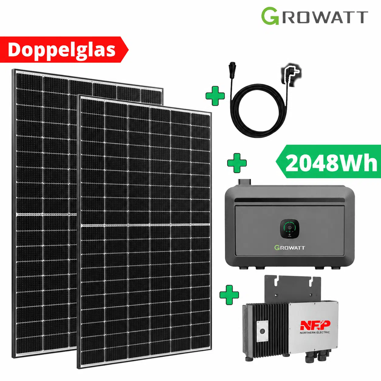 Balkonkraftwerk mit Speicher 1215 Watt & 2 kWh Growatt NOAH 2000 | Plug & Play Schweiz (Kopie)