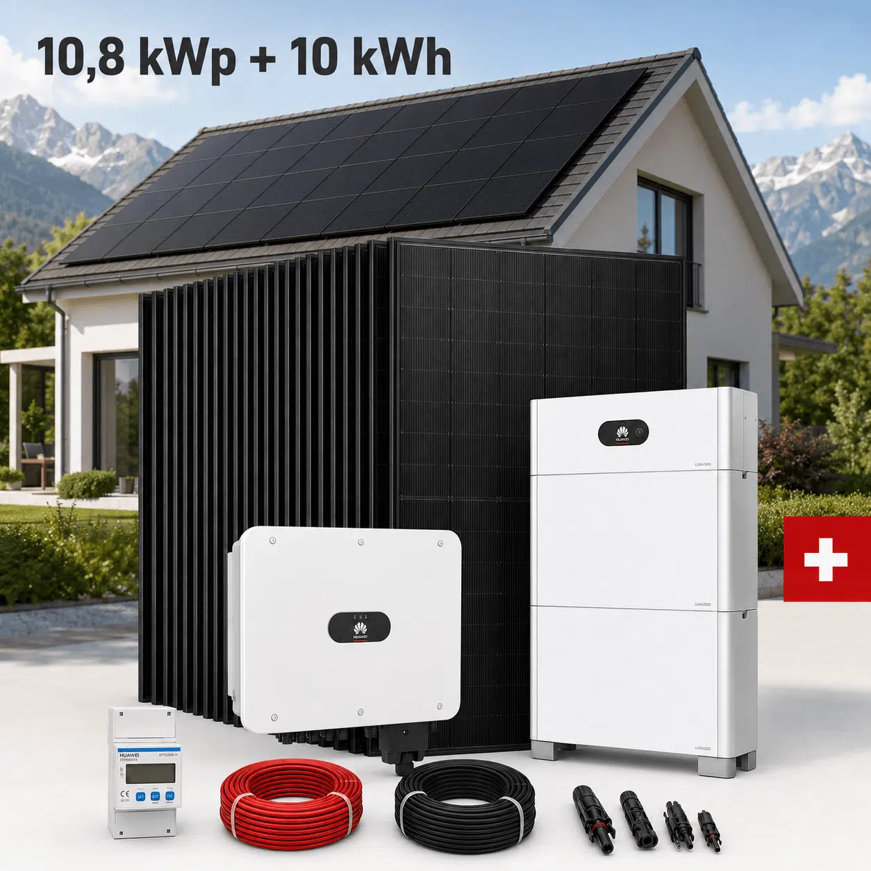 Photovoltaik – / Solaranlage 10.8kWp – Ja Solar 450-Wp-Module, 10kVA Hybridwechselrichter + 10kWh Huawei Luna Batteriespeicher. 1 Photovoltaik – / Solaranlage 10.8kWp – Ja Solar 450-Wp-Module, 10kVA Hybridwechselrichter + 10kWh Huawei Luna Batteriespeicher.