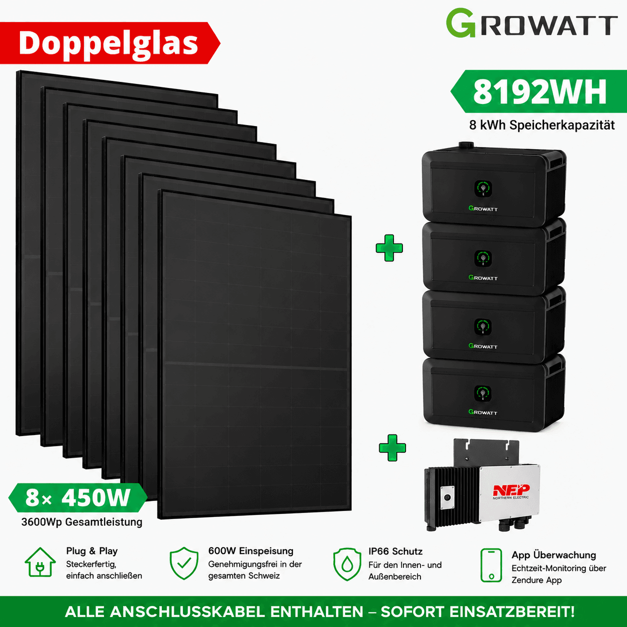 Steckerkraftwerk mit 8 KW Speicher und 8 Solarmodulen mit 3600 Watt