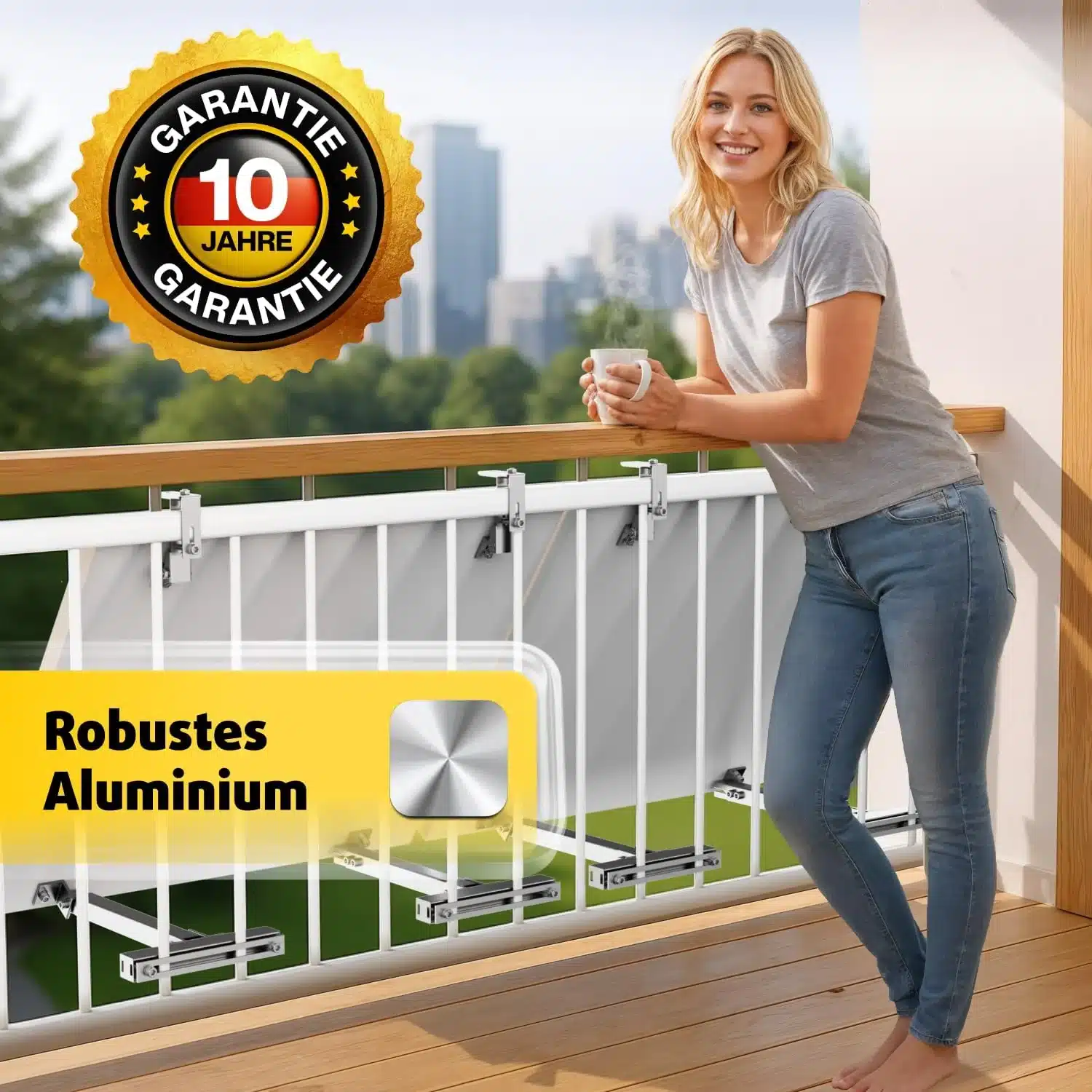 Frau auf Balkon mit Aluminiumgeländer